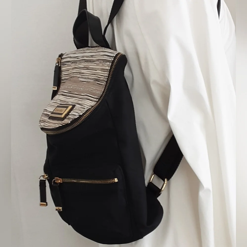 CALVIN KLEIN Gold-Silver Flap Accent Nylon Faux Leather Handbag Backpack